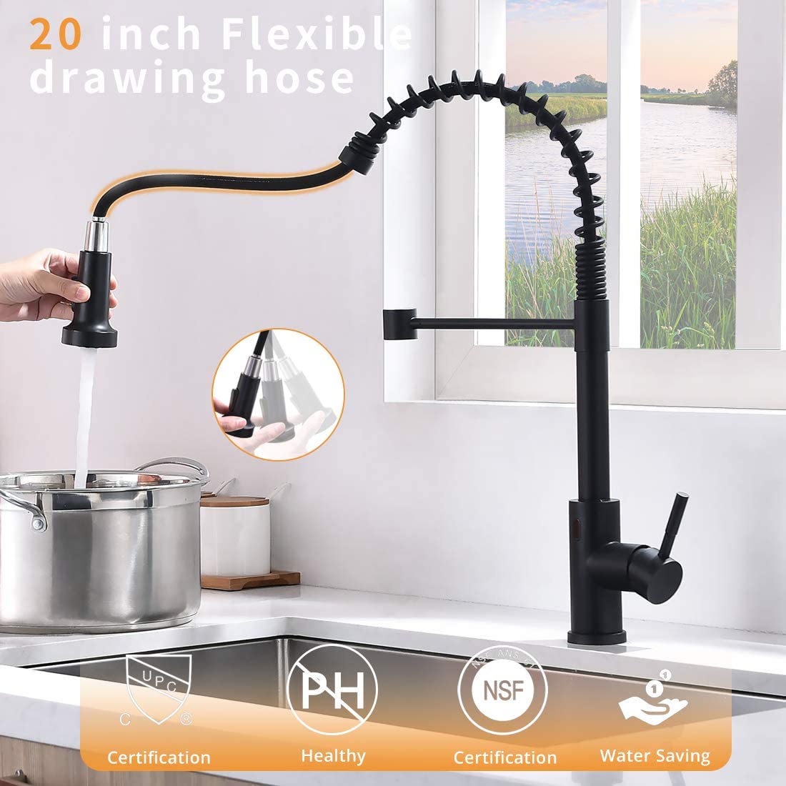 FLG Black Touchless Kitchen Faucet with Pull Down Sprayer, Motion Sensor Activated Hands-Free Single Handle Kitchen Sink Faucet, Single Hole Smart Kitchen Spring Faucet, Solid Brass, Matte Black
