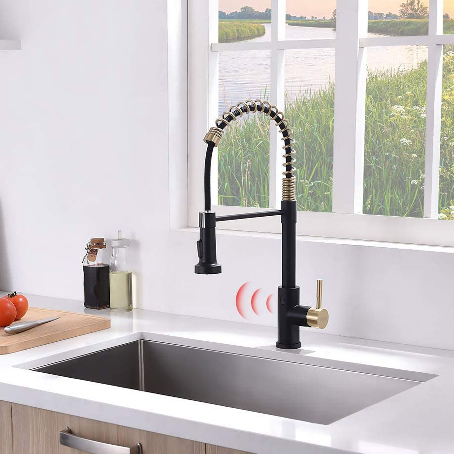 Black Gold Touchless Spring Kitchen Faucet with Pull Down Sprayer, Motion Sensor Activated Hands-Free Single Handle Kitchen Sink Faucet, Smart Single Hole Kitchen Faucet, Matte Black&Gold