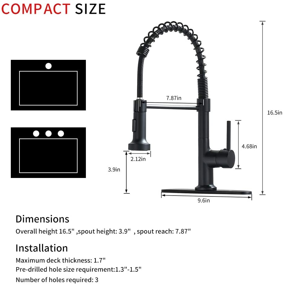 FLG Kitchen Sink Faucet,Single Handle Kitchen Faucet with Pull Down Sprayer,Commercial Spring Faucet for Kitchen Sink with Deck Plate, Matte Black