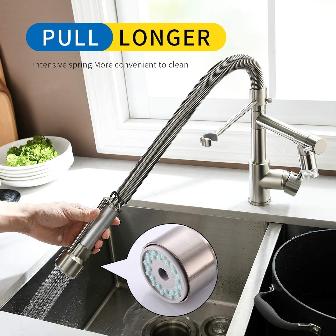 FLG Kitchen Faucets with Pull Down Sprayer,Commercial Single Handle Kitchen Sink Faucet with LED Light,Brushed Nickel