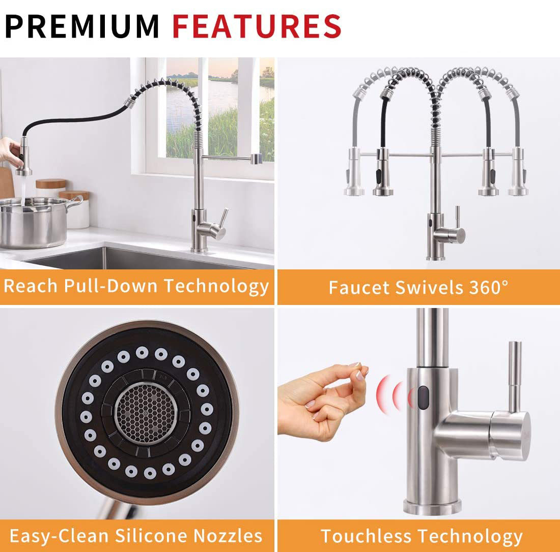 Touchless Spring Kitchen Faucet with Pull Down Sprayer, Single Handle Motion Sensor Activated Hands-Free Kitchen Sink Faucet, Single Hole Smart Kitchen Faucet, Solid Brass, Brushed Nickel