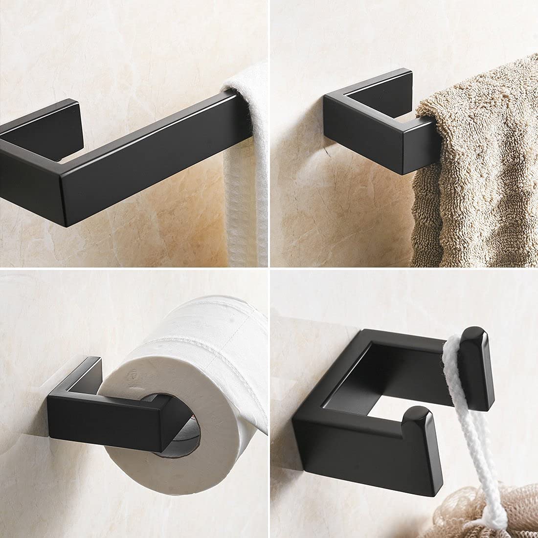 FLG 4-Piece Bathroom Hardware Accessory Set with 24" Towel Bar Towel Ring Paper Holder Robe Hook Matte Black