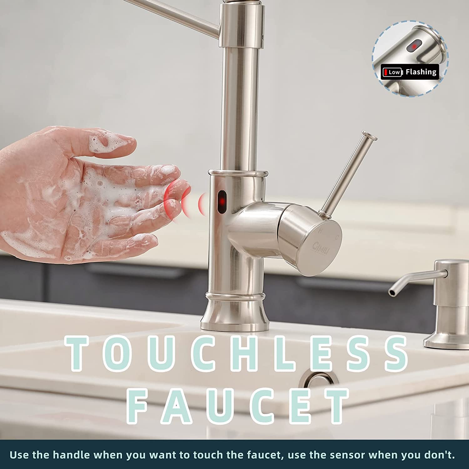 Smart Touchless Kitchen Sink Faucet with Pull Down Sprayer, Motion Sensor Activated Hands-Free Single Handle Kitchen Faucet Brushed Nickel.