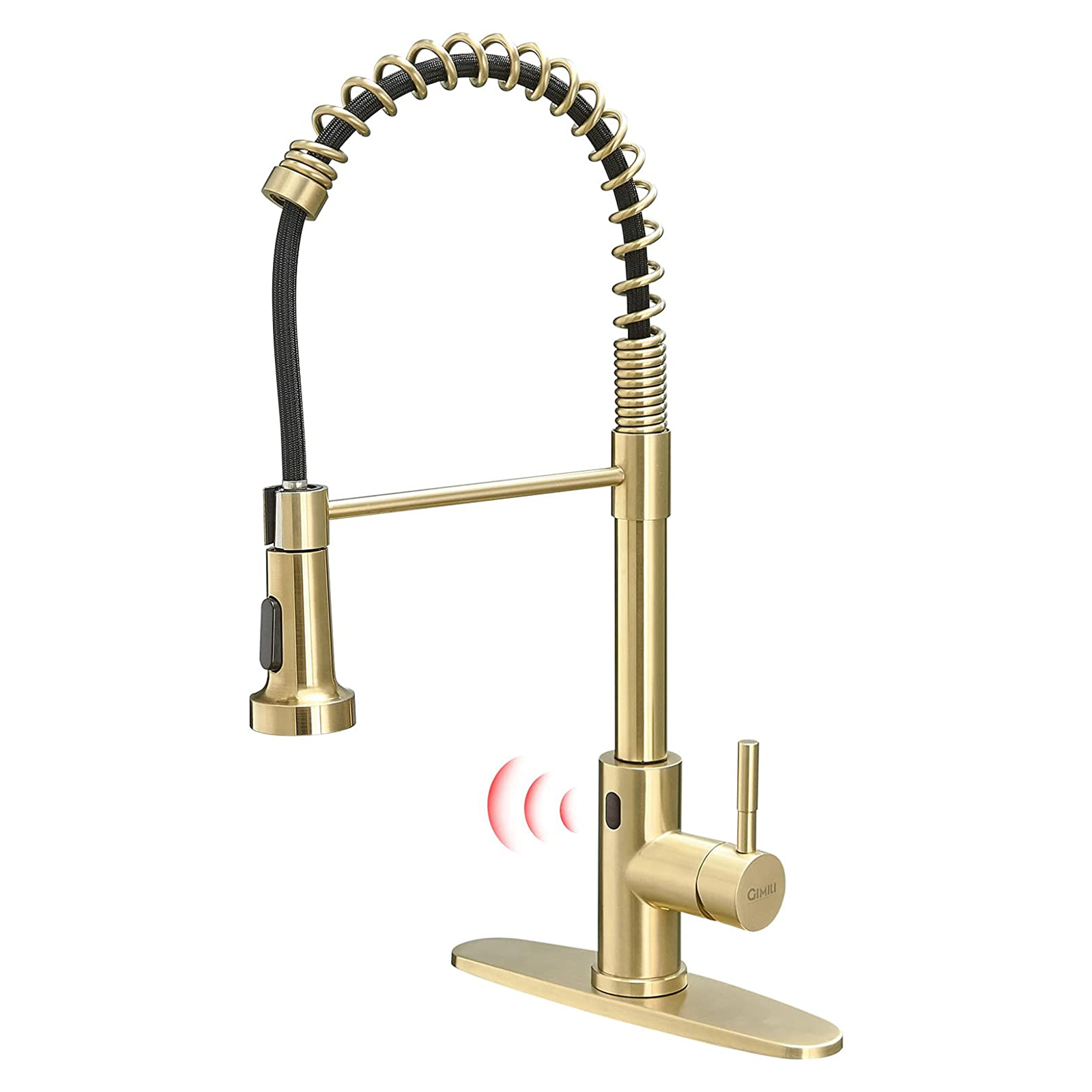 FLG Gold Touchless Kitchen Faucet with Pull Down Sprayer, Motion Sensor Activated Hands-Free Single Handle Kitchen Spring Faucet, Smart Kitchen Sink Faucet with Deck Plate, Brushed Gold